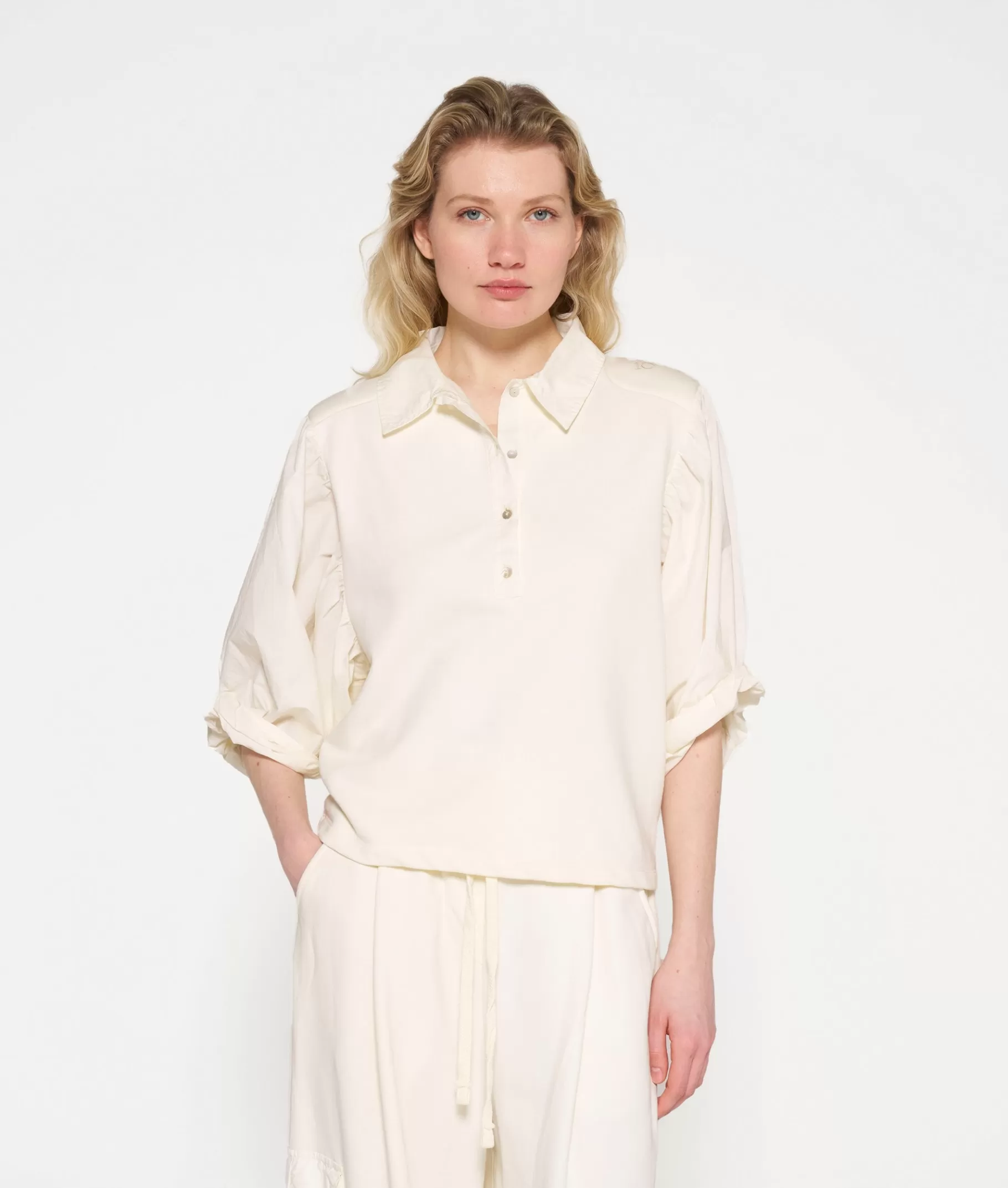 Shop 10DAYS Balloon Sleeve Polo Blouse light natural