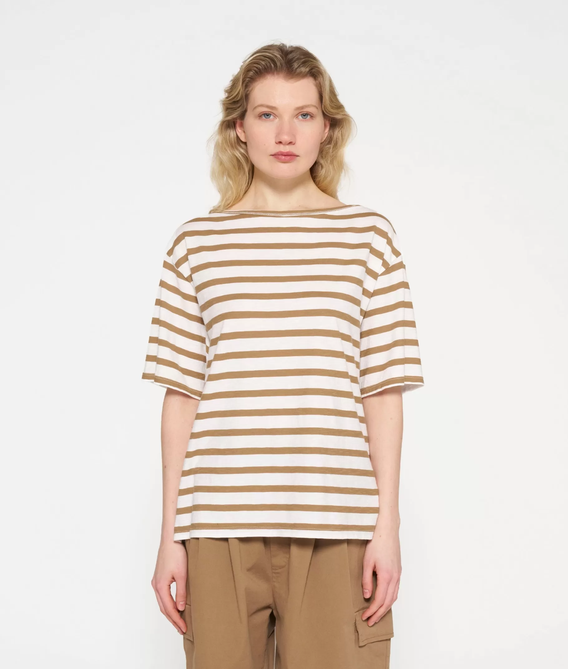 Best 10DAYS Short Sleeve Tee Stripes ecru/cedar brown