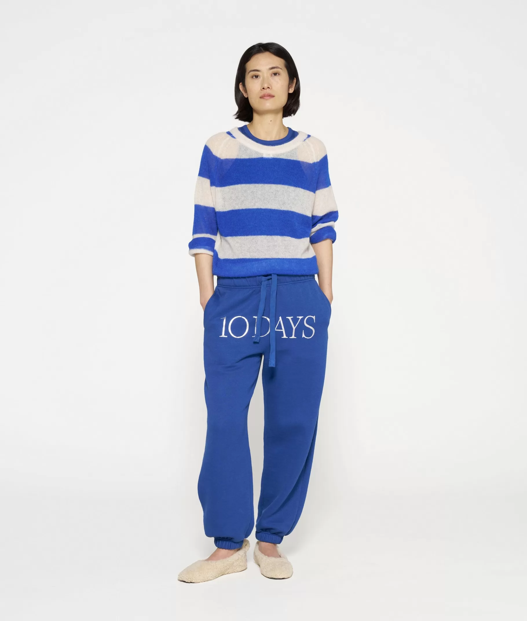 Cheap 10DAYS Thin Knit Sweater Stripes ecru/true blue