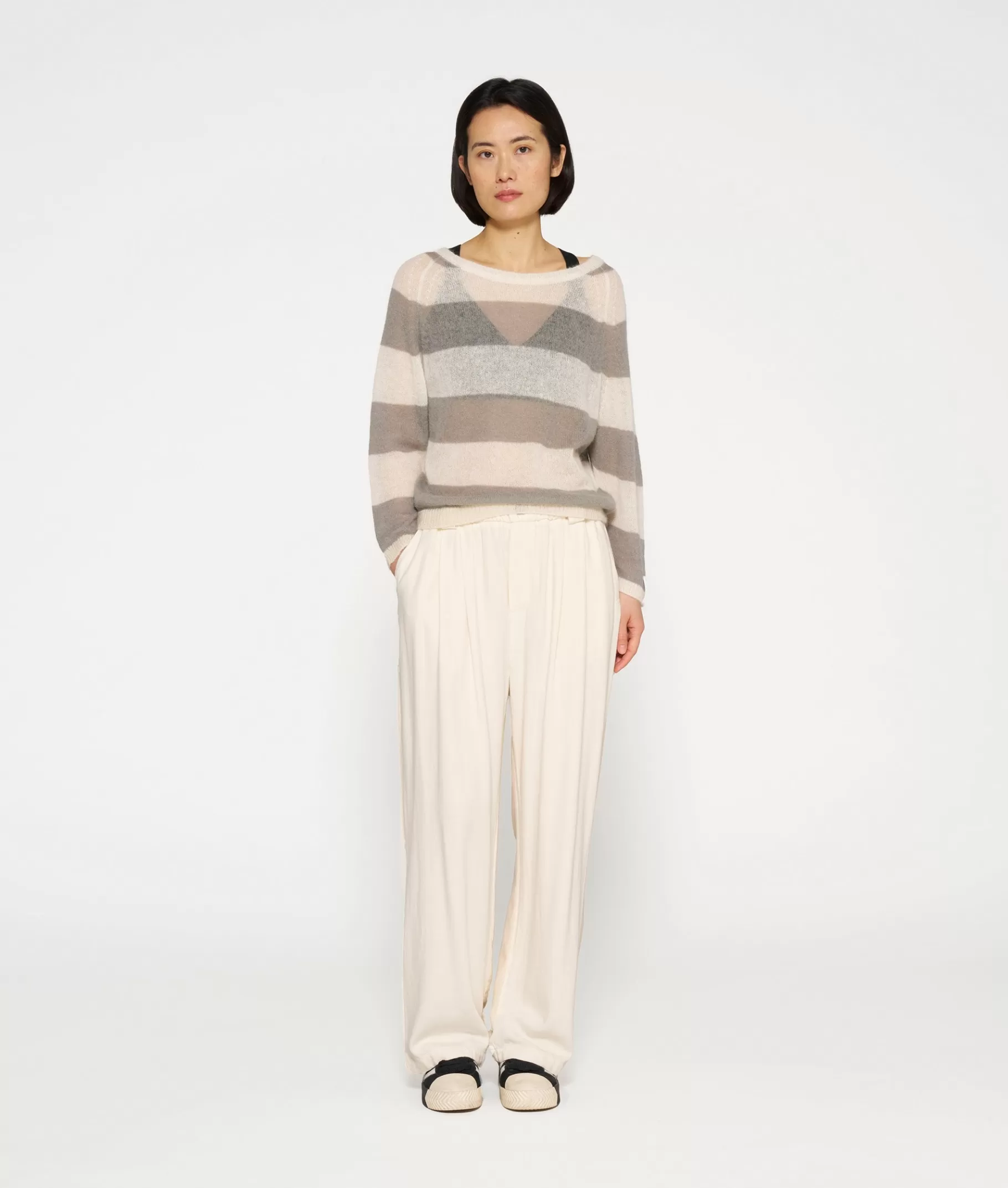 Clearance 10DAYS Thin Knit Sweater Stripes ecru/sage