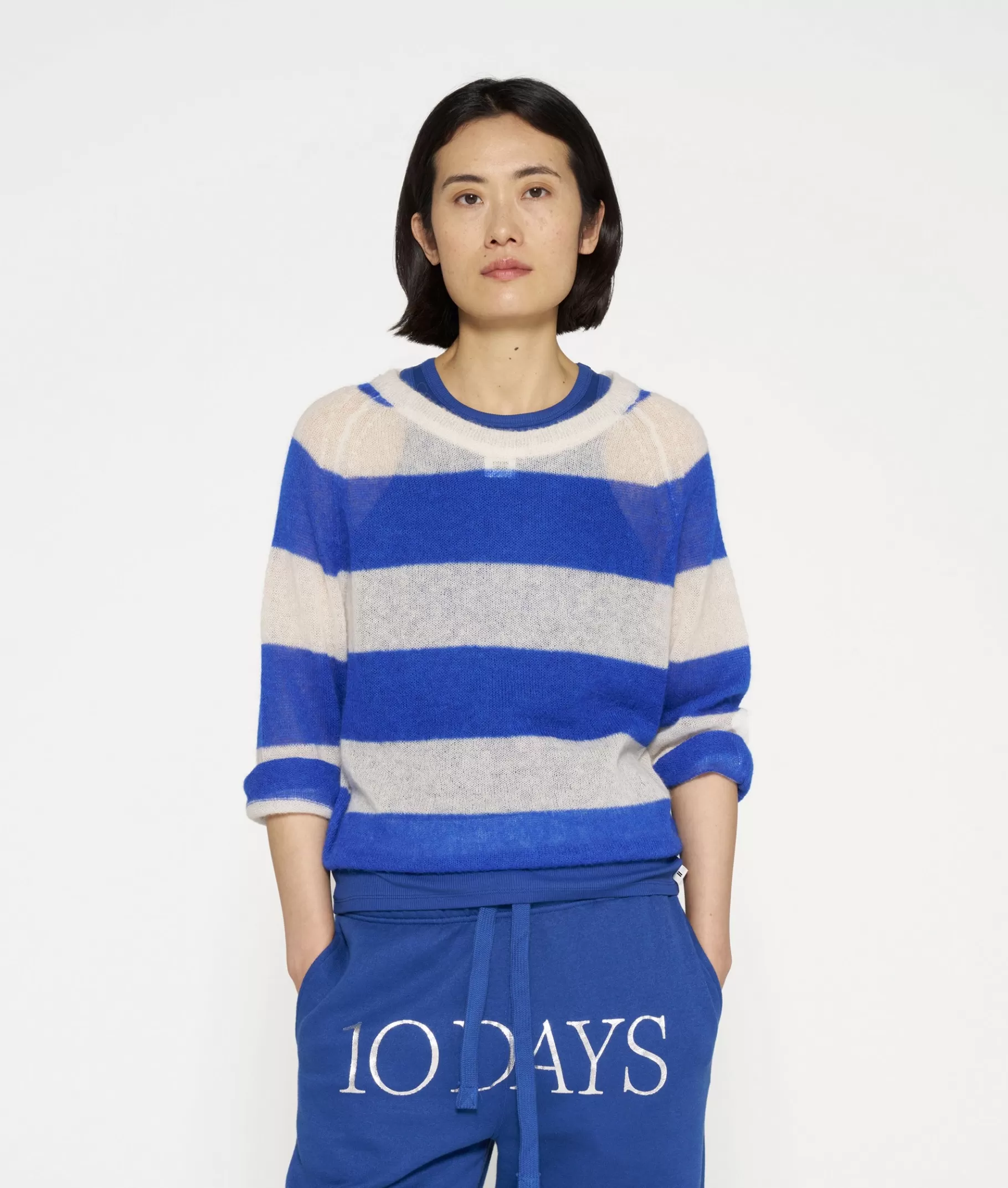 Cheap 10DAYS Thin Knit Sweater Stripes ecru/true blue