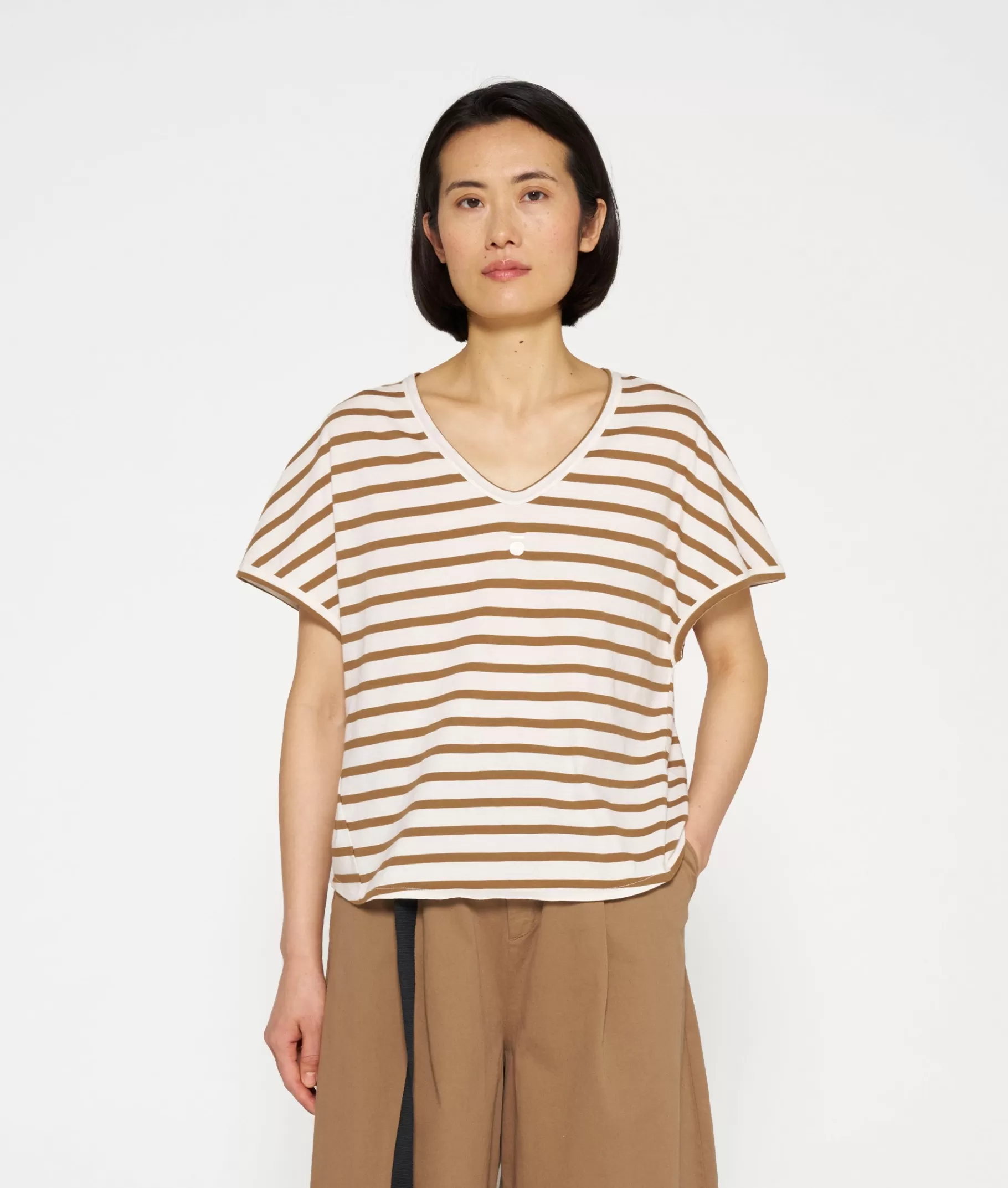 Fashion 10DAYS V-neck Tee Stripes ecru/cedar brown