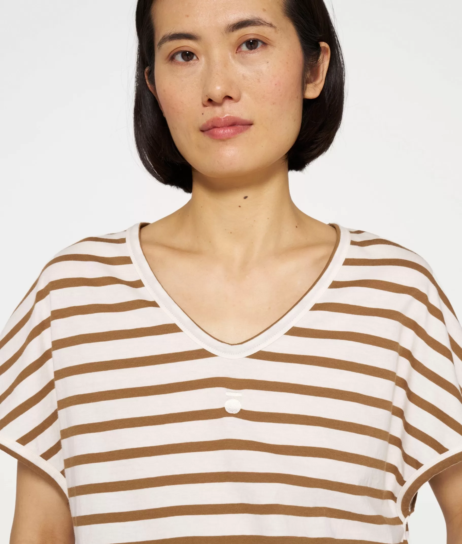 Fashion 10DAYS V-neck Tee Stripes ecru/cedar brown