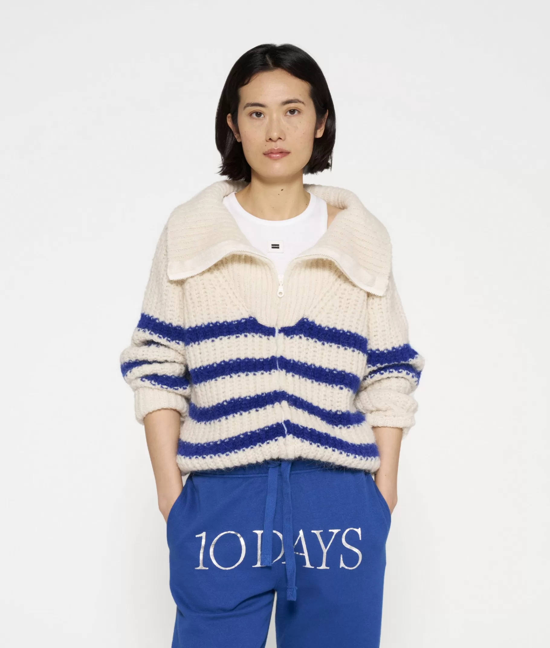 Cheap 10DAYS Zip Cardigan Knit Stripes ecru/true blue